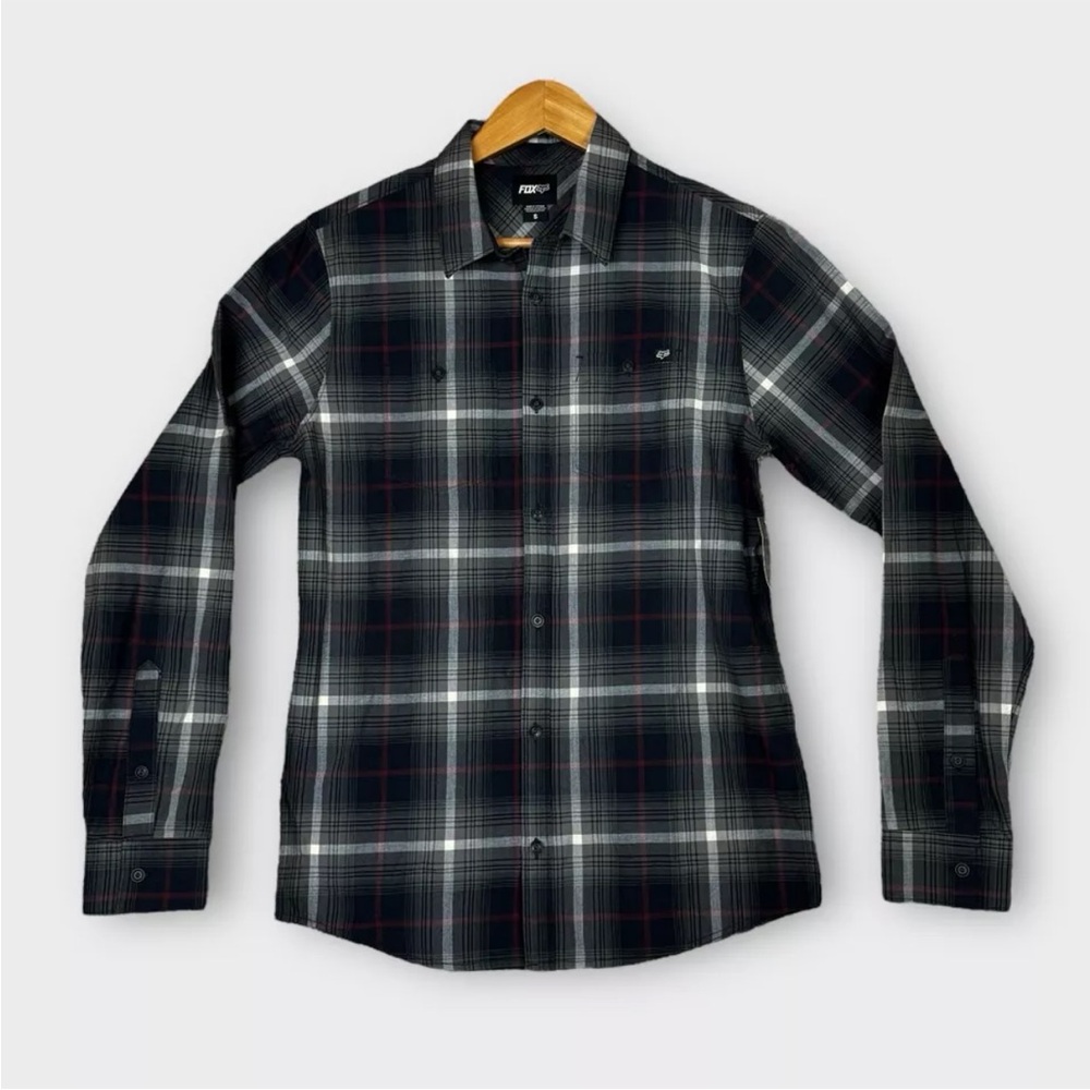 Fox Racing Long Sleeve Button Up Shirt Mens S Black Gray Red Plaid Casual NWT